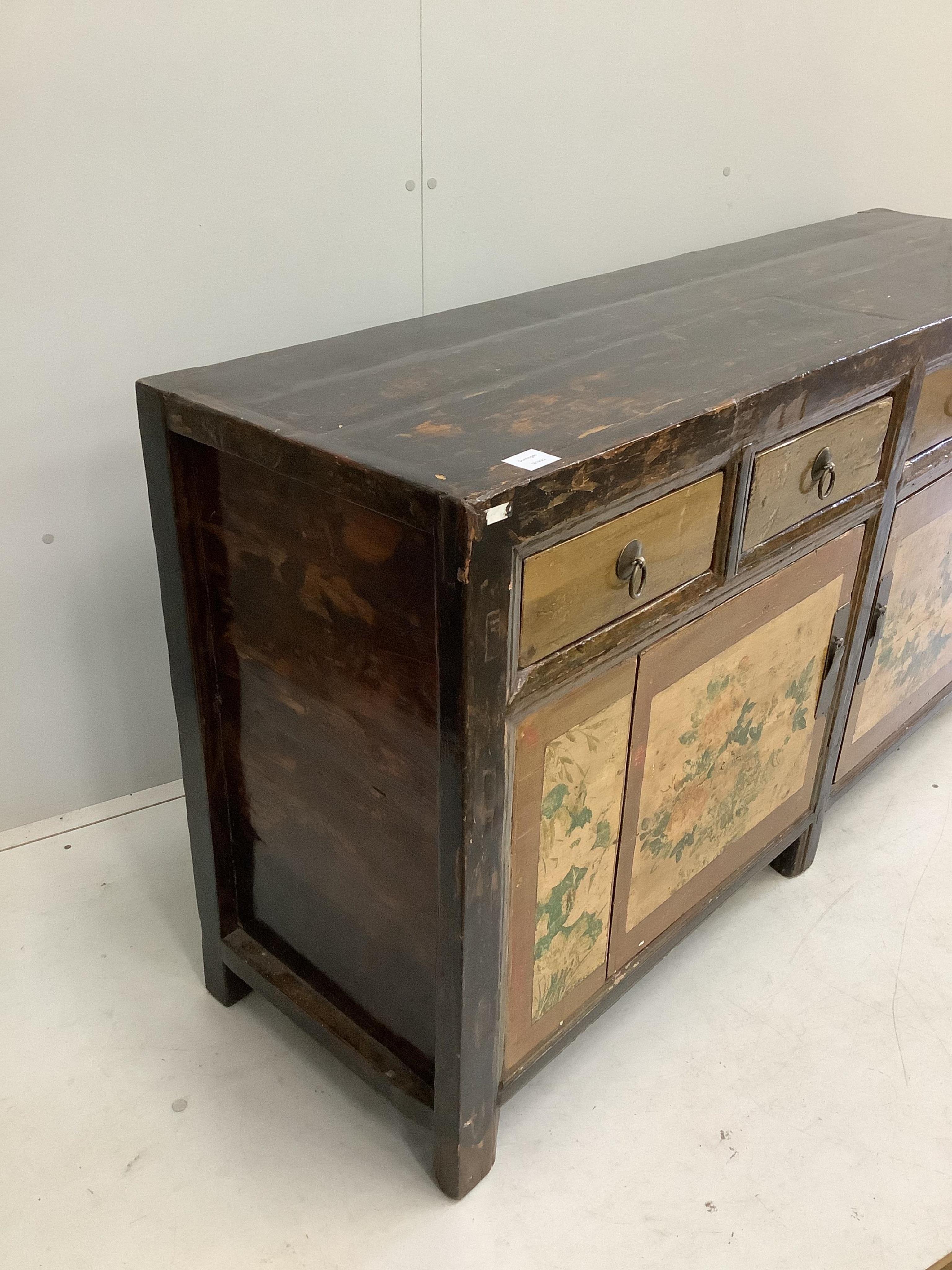 A Chinese painted sideboard, width 154cm, depth 44cm, height 82cm